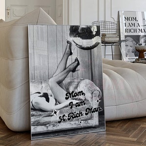 Mamo, jestem bogatym człowiekiem, monotonny wydruk, sztuka ścienna Preppy Retro Bar Cart, modny plakat typograficzny, feministyczna dekoracja ścienna, mieszkanie studenckie
