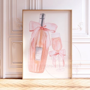 Champagne With Pink Bow Print, Coquette Soft Bedroom Decor, Retro Bar Cart Wall Art, Balletcore Large Printed Posters, College Apartment