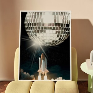 Disco Ball Moon Print, Modna sztuka ścienna, Plakaty retro kosmiczne, Preppy Disco Wall Prints, Funky Bar Cart Dcor, Wisząca ściana do mieszkania studenckiego