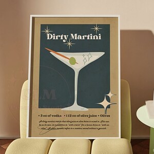 Vintage Dirty Martini Cocktail Print, Preppy Retro Bar Cart Wall Art Printed Shipped, Kitchen Poster, Martini Recipe Wall Decor, College