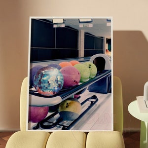 Funky Bowling Alley Poster, Trendy Nostalgic Disco Ball Prints, Aesthetic Cute Dorm Room Decor, Preppy Bar Cart Wall Art, Vintage Print