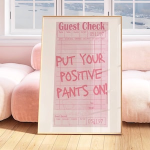 Plakat „Puść swoje pozytywne spodnie na gościa”, plakat „Preppy Pink Retro Bar Cart”, dekoracja ścienna w stylu vintage, sztuka manifestacji, mieszkanie w college'u