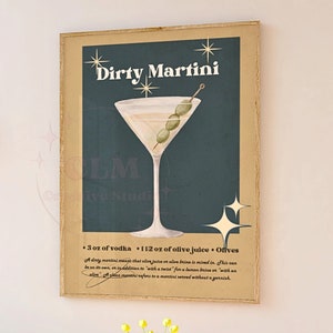 Vintage Dirty Martini Cocktail Print, Preppy Retro Bar Cart Wall Art Printed Shipped, Kitchen Poster, Martini Recipe Wall Decor, College