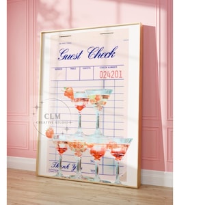 Pastel Pink Strawberry Champagne Tower Guest Check Poster Printed, Trendy Retro Bar Cart Print, Preppy Cocktail Wall Decor, College