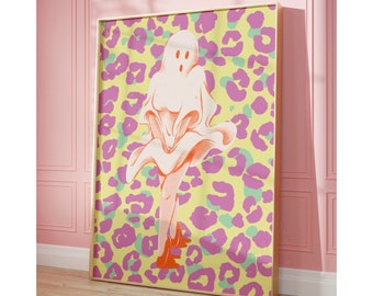 Preppy Ghost Girl Print, Preppy Orange Halloween Wall Art, Funky Pink Poster, Trendy Fall Holiday Poster, College Dorm Room Essentials