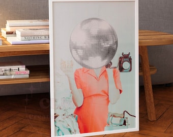 Disco Ball Head Print, Modny Retro Bar Cart Wall Art, Preppy Champagne College Apartment Poster, Dziewczęce Estetyczne Wydruki Funky Dorm Decor
