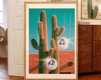 Disco Ball Cactus Poster, Trendy Desert Cactus Wall Art, Preppy Southwestern Prints, Disco Ball Print, Aesthetic Funky College Dorm Decor