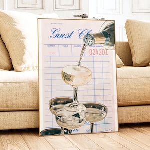 Champagne Tower Guest Check Printed Poster, Preppy Retro Bar Cart Wall Art, Trendy Vintage Bubbly Cocktail Prints, College Apartment Decor