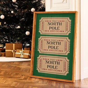 Adrettes Weihnachtsplakat, grüne Nordpol-Eintrittskarten-Wandkunst, trendige Ferienzeitdrucke, Retro-Vibe-Weihnachtsdruck, College-Schlafheimerzimmerdekor