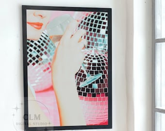 Plakat z szampanem i kulami dyskotekowymi, Modna sztuka ścienna w stylu retro z wózkiem barowym, Elegancka dekoracja ścienna z koktajlem, Wydrukowana z wysyłką, Matowa dekoracja ścienna, Studia