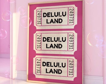 以下が含まれることがあります： ピンクの背景に「Delulu Land」という文字と「249731」という番号が印刷された、ヴィンテージスタイルのチケット3枚
