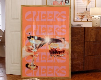 Cocktail Cheers Print, Preppy Pink & Orange Bar Cart Poster Printable, Retro Typography Wall Art, College Apartment Aesthetic, Kitchen Art