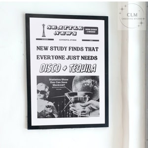 Disco And Tequila Retro Newspaper Poster In Black And White, Trendy Retro Bar Cart Print Shipped Printed, Preppy Cocktail Decor, College