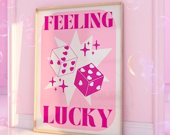 Feeling Lucky Print, Preppy Retro Pink Bar Cart Wall Art, Lucky Dice Prints, Manifestation Wall Hanging, College Apartment Aesthetic