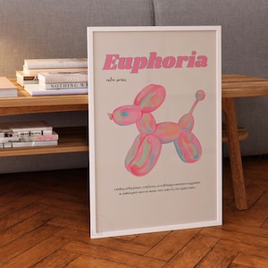 Nostalgiczny balon Euphoria Dog Print, Y2K Plakaty Drukowane, Preppy Retro Bar Cart Wall Art, Modny Różowy Trippy Wall Decor, College Apartment