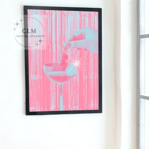 Preppy roze vuile martini-poster, trendy retro neonkleur barwagen kunst aan de muur, funky cocktaildecor, college appartement esthetiek, vintage