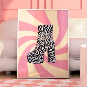 Estetyczne seksowne nadruki zebry z lat 70., sztuka ścienna Preppy Retro Bar Cart, plakat z nadrukiem i wysyłką Funky, modne wiszące buty na ścianę, College