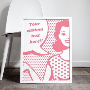 Impressão personalizada de citação em quadrinhos retrô | Texto personalizado | Opções de cores | Decoração de dormitório vintage e descolada, pôster de arte pop feminina e elegante, presente de faculdade
