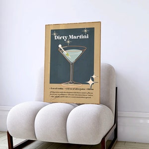 Vintage Dirty Martini Cocktail Print, Preppy Retro Bar Cart Wall Art Printed Shipped, Kitchen Poster, Martini Recipe Wall Decor, College
