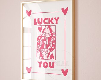 Póster de naipes "Lucky You", pósteres retro de la Reina de Corazones, impresión de afirmación, decoración de pared para carrito de bar, estética de apartamento