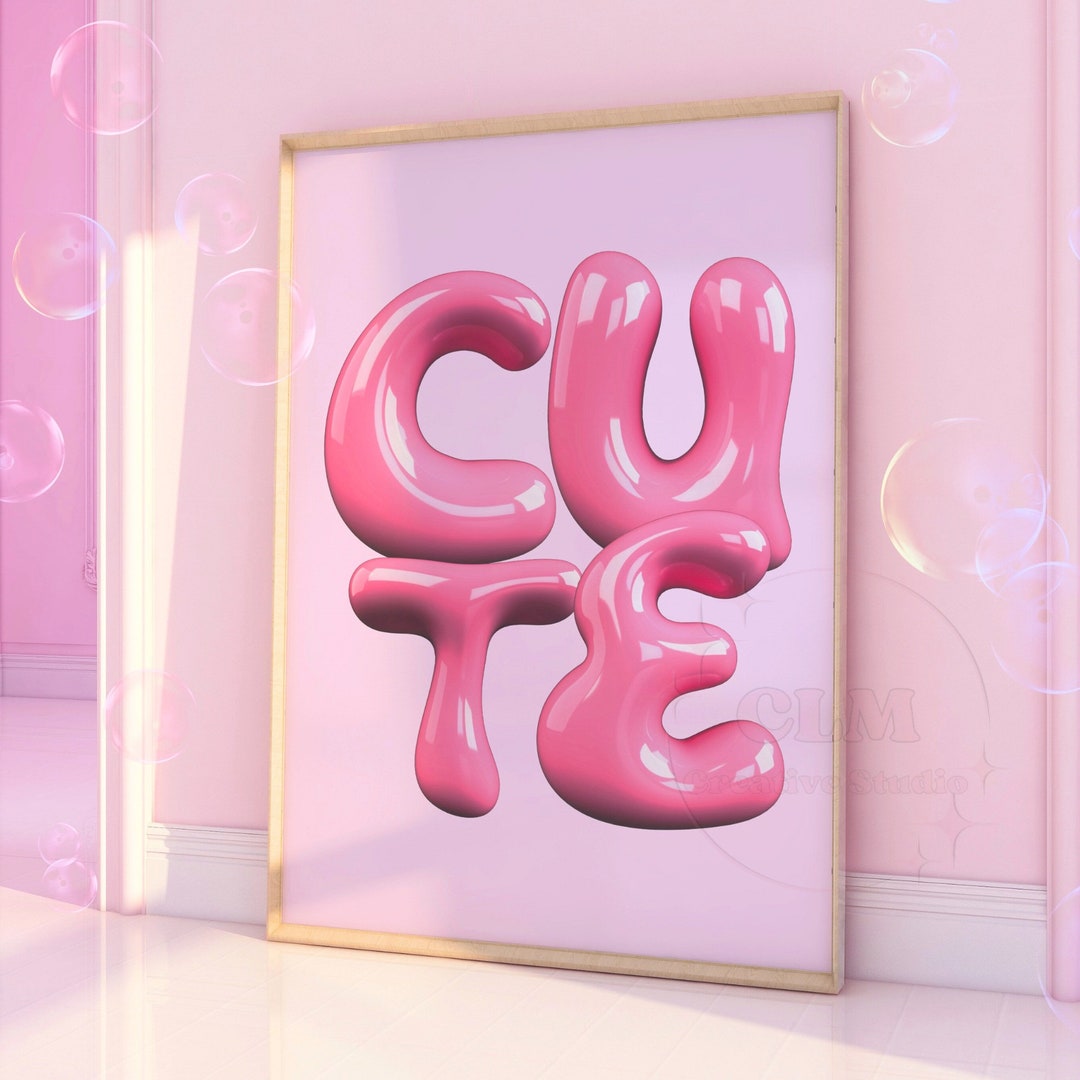 Cute in Bubble Letters Poster, Trendy Pink Wall Art, Funky Bar Cart