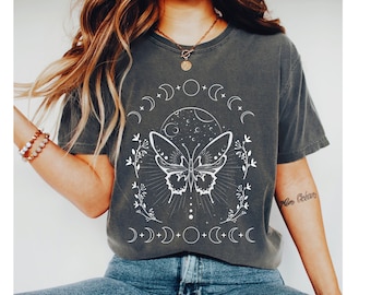 Butterfly and Moon Phase Comfort Colors Shirt, Celestial Butterfly Tee, Whimsigoth Moon Shirts, Floral Witchy Gift Idea for Butterfly Lover