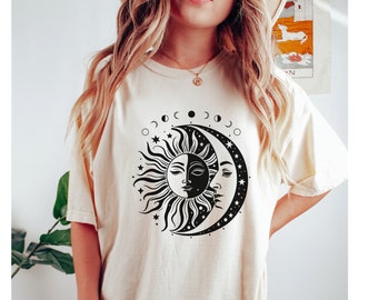 Camiseta vintage Sol e Lua: Astrologia Celestial com cores confortáveis