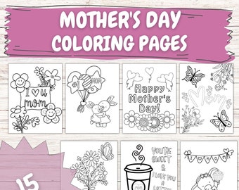 Mother's Day Themed Coloring Pages, Bundle of 15 Designs - Printable Coloring Designs for Mother's Day - Perfect for Kids and Adults