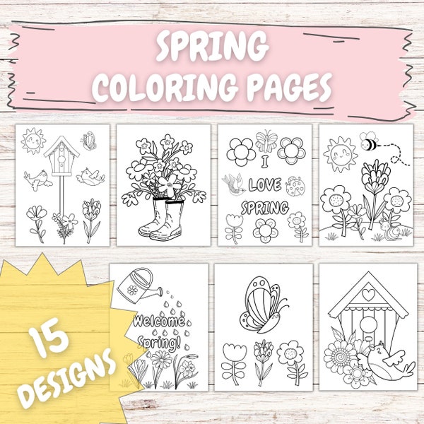 Spring Themed Coloring Pages, Bundle of 15 Designs - Printable Coloring Designs for Spring - Perfect for Kids and Adults