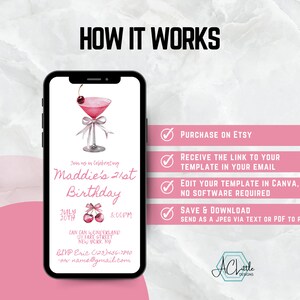 May include: A pink and white digital invitation for a 21st birthday party. The invitation features a pink cocktail with a cherry on top and the text "Join us in celebrating Maddie's 21st Birthday".