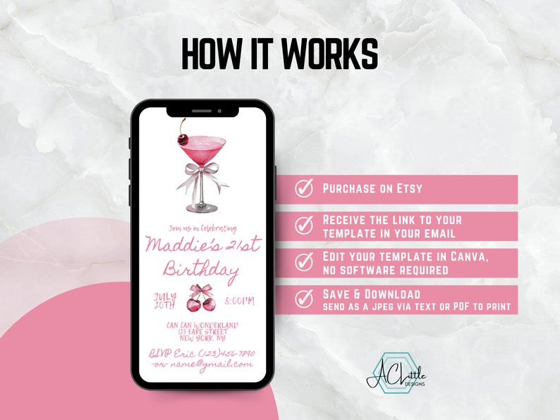 May include: A pink and white digital invitation for a 21st birthday party. The invitation features a pink cocktail with a cherry on top and the text "Join us in celebrating Maddie's 21st Birthday".