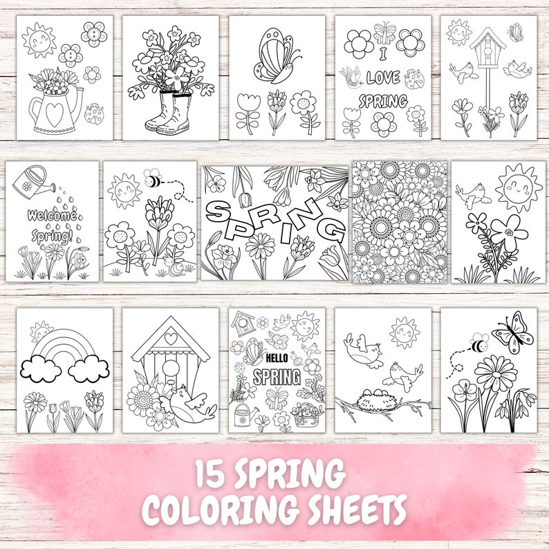 Spring Themed Coloring Pages, Bundle of 15 Designs - Printable Coloring ...
