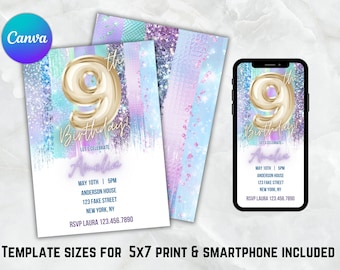 Purple Glitter 9th Birthday Invitation Template: Gold Balloon (Digital Download)