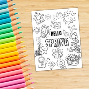 May include: A black and white coloring page featuring a spring theme with a birdhouse, butterflies, flowers, a watering can, a basket of flowers, a snail, a ladybug, and the text "Hello Spring".