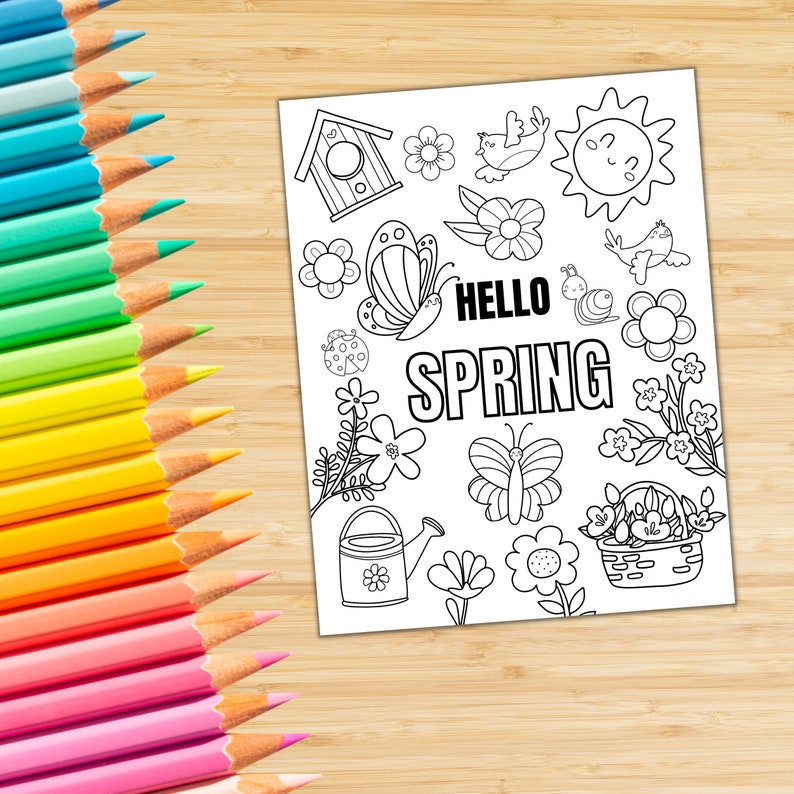 May include: A black and white coloring page featuring a spring theme with a birdhouse, butterflies, flowers, a watering can, a basket of flowers, a snail, a ladybug, and the text "Hello Spring".