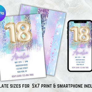 Editable Purple & Blue Glitter 18th Birthday Invitation Template, Eighteenth Bday Party Gold Foil Balloon Instant Download, Print or Mobile