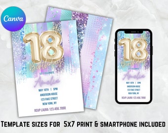 Purple Glitter 18th Birthday Invitation: Gold Balloon (Digital Download)