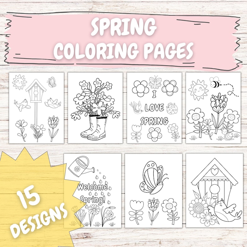 Spring Themed Coloring Pages, Bundle of 15 Designs - Printable Coloring ...
