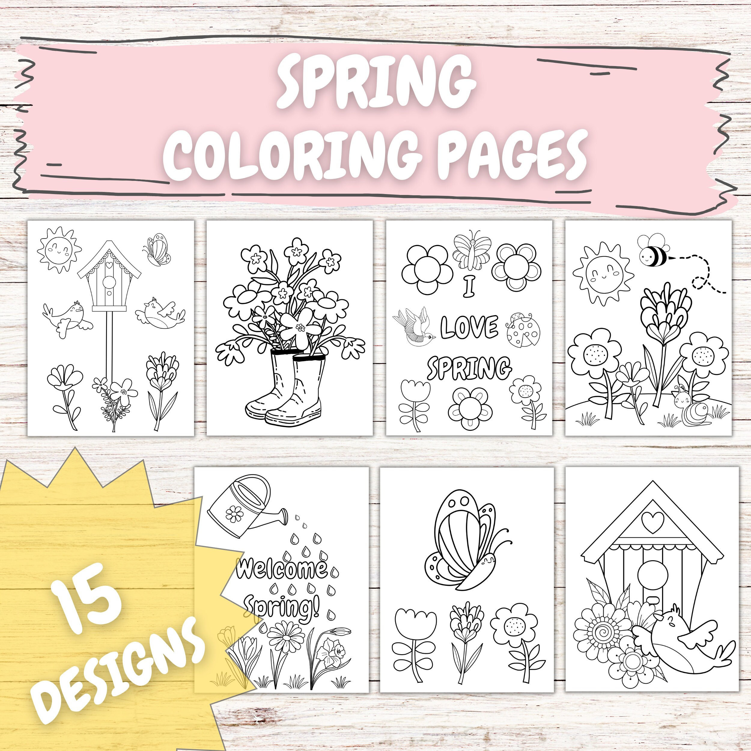 Spring Themed Coloring Pages, Bundle of 15 Designs - Printable Coloring ...