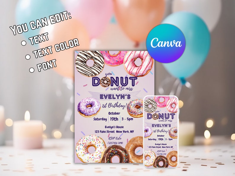 Op de afbeelding: Een printbare donut-thema verjaardagsuitnodiging met een paarse achtergrond en kleurrijke donuts. De tekst luidt "U kunt bewerken: Tekst, Tekstkleur, Lettertype". De uitnodiging luidt "U wilt Evelyns 1e verjaardag missen!" en bevat de datum, tijd en locatie van het feest.