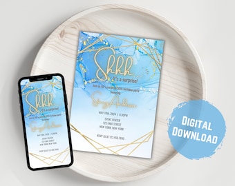 Blue & Gold Surprise Birthday Party Invitation Template (Digital Download)