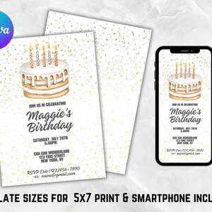 Może przedstawiać: Drukowany szablon zaproszenia na urodziny z akwarelową ilustracją białego tortu ze świeczkami. Zaproszenie zawiera tekst "Join us in celebrating Maggie's Birthday" oraz szczeg&oacute;ły wydarzenia, w tym datę, godzinę i miejsce. Szablon jest dostępny w rozmiarach do druku 5x7 i na smartfony.