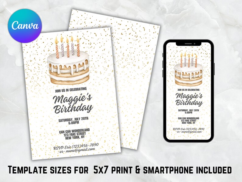 Może przedstawiać: Drukowany szablon zaproszenia na urodziny z akwarelową ilustracją białego tortu ze świeczkami. Zaproszenie zawiera tekst "Join us in celebrating Maggie's Birthday" oraz szczeg&oacute;ły wydarzenia, w tym datę, godzinę i miejsce. Szablon jest dostępny w rozmiarach do druku 5x7 i na smartfony.