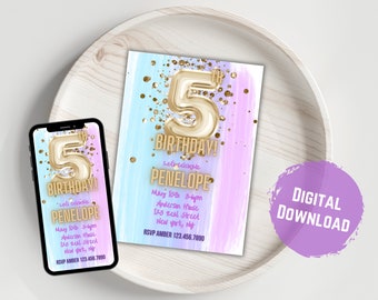 Unicorn 5th Birthday Invitation: Gold Foil Balloon (Digital Download)