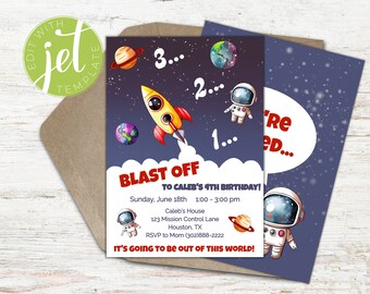 Space Birthday Party Invitation: Watercolor Rocket, Planets (Editable Digital Download)