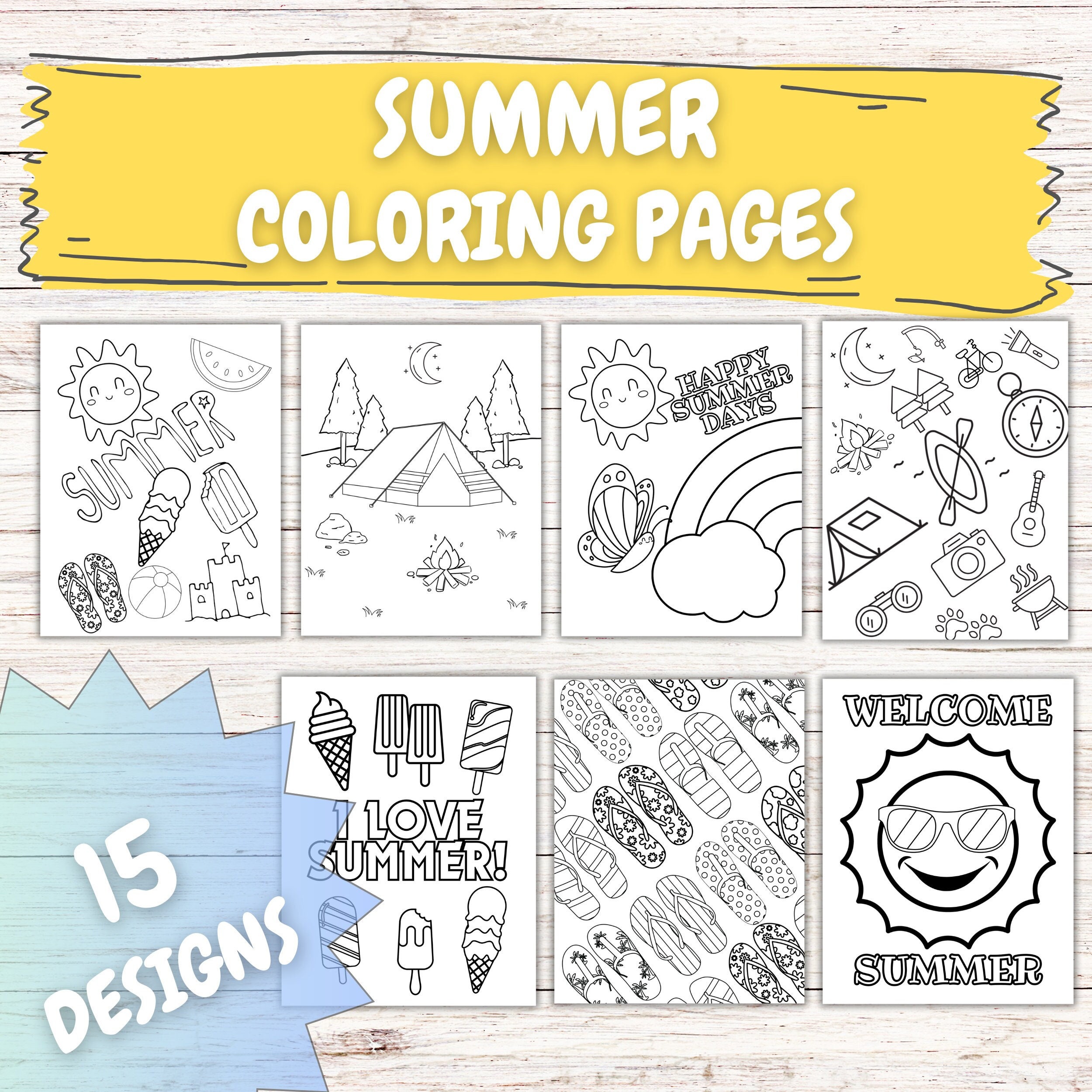 Summer Coloring Pages: 15 Fun Designs for Kids & Adults (PDF Pattern ...