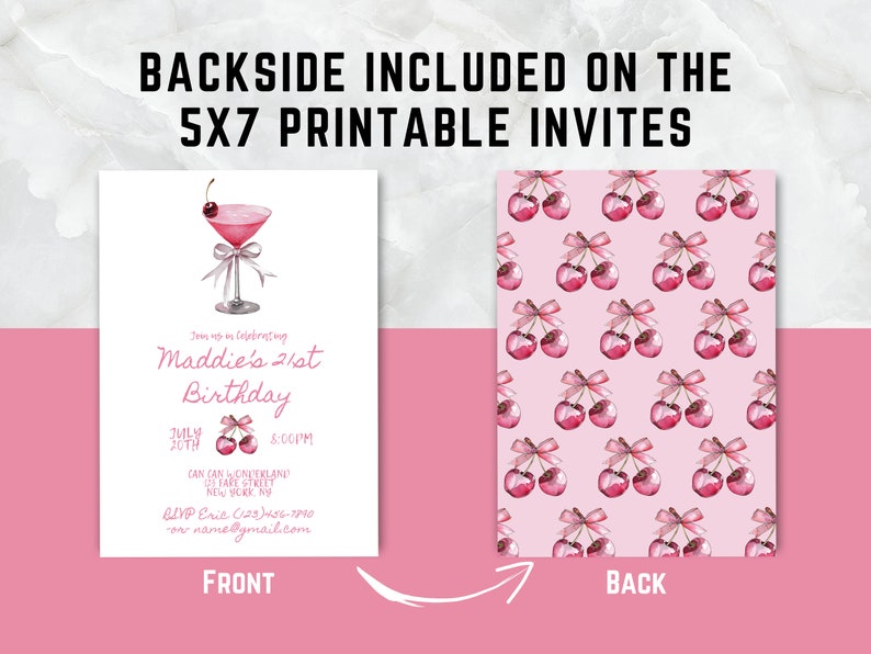 May include: Printable 5x7 invitation for a 21st birthday party. The front features a pink cocktail with a cherry on top and the text "Maddie's 21st Birthday". The back features a pink background with a repeating pattern of cherries with pink bows.