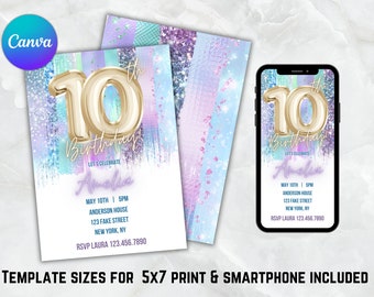 Paarse glitter 10e verjaardagsuitnodiging: gouden ballon (digitale download)