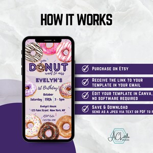 Op de afbeelding: Een paarse en witte telefoon-scherm mockup met een donut-thema verjaardagsuitnodiging. De uitnodiging zegt "you donut want to miss Evelyn's 1st Birthday!" en bevat details zoals de datum, tijd en locatie. De tekst "PURCHASE ON ETSY, RECEIVE THE LINK TO YOUR TEMPLATE IN YOUR EMAIL, EDIT YOUR TEMPLATE IN CANVA, NO SOFTWARE REQUIRED, SAVE & DOWNLOAD, SEND AS A JPEG VIA TEXT OR PDF TO PRINT" wordt op het scherm weergegeven.