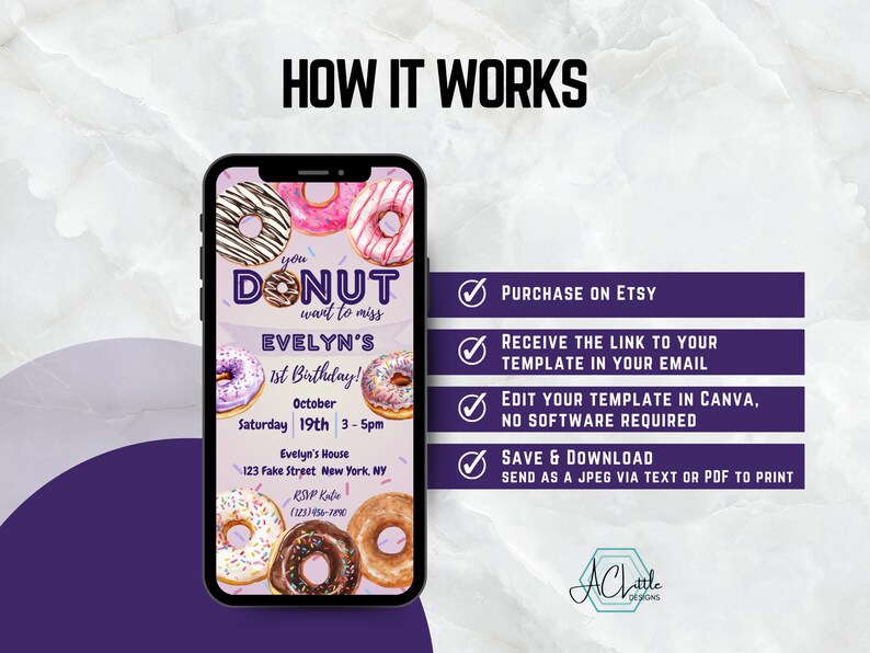 Op de afbeelding: Een paarse en witte telefoon-scherm mockup met een donut-thema verjaardagsuitnodiging. De uitnodiging zegt "you donut want to miss Evelyn's 1st Birthday!" en bevat details zoals de datum, tijd en locatie. De tekst "PURCHASE ON ETSY, RECEIVE THE LINK TO YOUR TEMPLATE IN YOUR EMAIL, EDIT YOUR TEMPLATE IN CANVA, NO SOFTWARE REQUIRED, SAVE & DOWNLOAD, SEND AS A JPEG VIA TEXT OR PDF TO PRINT" wordt op het scherm weergegeven.